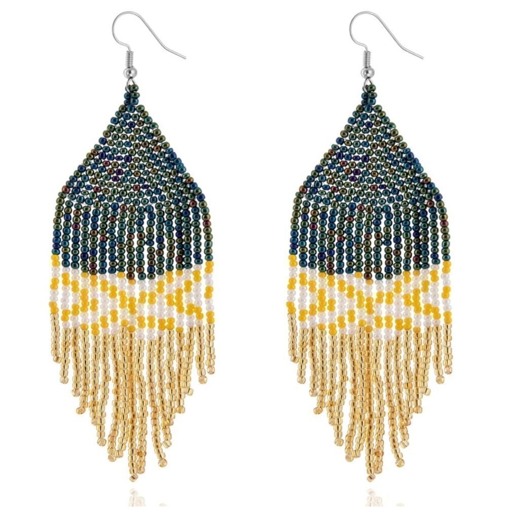 Colorful Bohemian Seed Bead Tassel Dangling Statement French Wire Hook Earrings